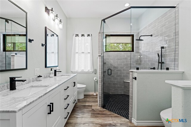 bathroom featuring hardwood / wood-style floors, vanity, toilet, and a shower with door