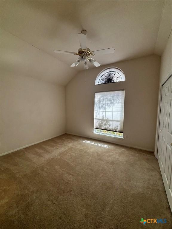 bonus room with ceiling fan, lofted ceiling, and carpet floors