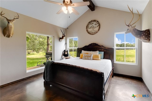 bedroom featuring concrete flooring, vaulted ceiling with beams, and ceiling fan