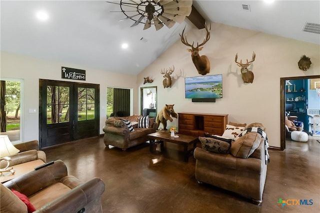 living room featuring french doors, beamed ceiling, and high vaulted ceiling