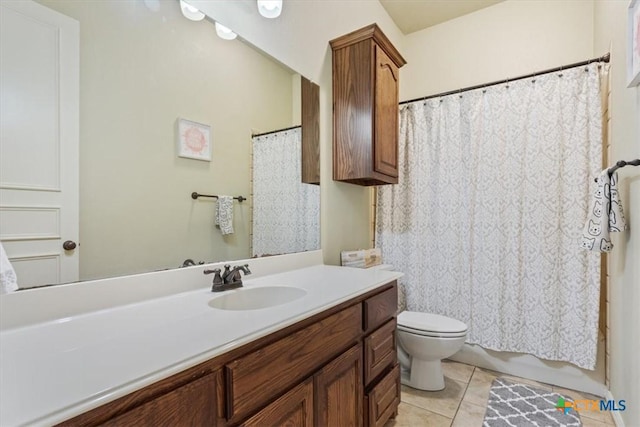 full bath with shower / bath combination with curtain, vanity, toilet, and tile patterned floors