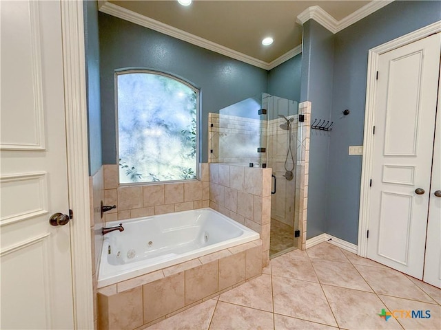 full bathroom featuring recessed lighting, ornamental molding, a shower stall, tile patterned floors, and a whirlpool tub