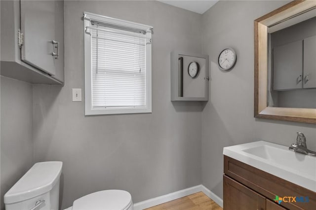 bathroom featuring hardwood / wood-style flooring, vanity, and toilet