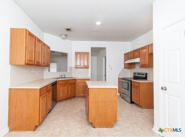 5111 Warwicke Dr, Temple, TX 76502 - kitchen featuring appliances with stainless steel finishes, under cabinet range hood, a kitchen island, and backsplash