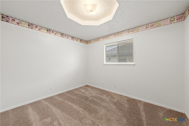 unfurnished room with carpet and a textured ceiling