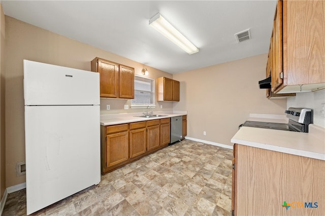 kitchen with sink, stainless steel dishwasher, ventilation hood, white refrigerator, and stove