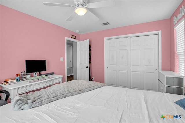 bedroom featuring a closet, visible vents, and ceiling fan