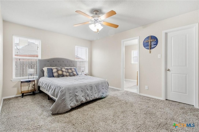 bedroom with light carpet and ceiling fan