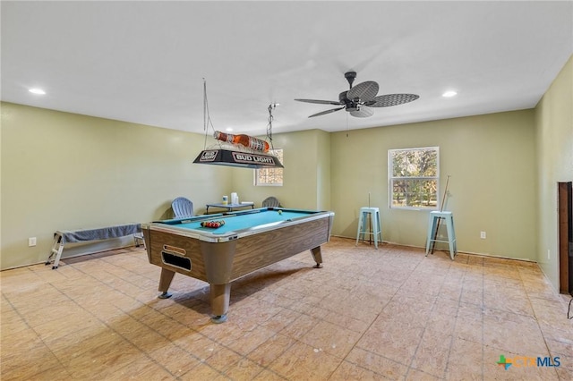 playroom with ceiling fan and billiards