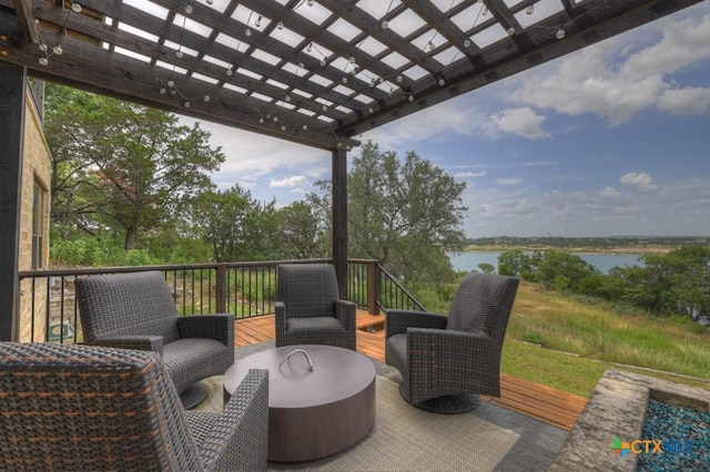 1746 Stagecoach Dr, Canyon Lake, TX 78133 - wooden terrace featuring a water view and a pergola