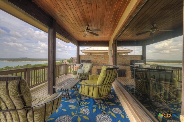 1746 Stagecoach Dr, Canyon Lake, TX 78133 - wooden deck featuring a ceiling fan, exterior kitchen, and a water view