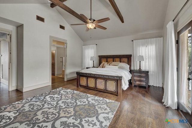 1746 Stagecoach Dr, Canyon Lake, TX 78133 - bedroom featuring beam ceiling, high vaulted ceiling, dark wood-type flooring, and a ceiling fan