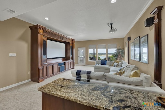 1746 Stagecoach Dr, Canyon Lake, TX 78133 - cinema featuring light carpet, ornamental molding, and recessed lighting