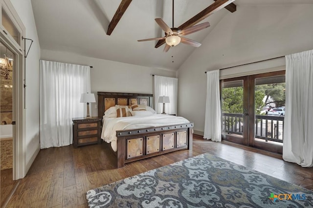 1746 Stagecoach Dr, Canyon Lake, TX 78133 - bedroom featuring access to outside, french doors, beam ceiling, high vaulted ceiling, and dark wood-style floors