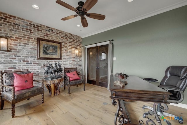 1746 Stagecoach Dr, Canyon Lake, TX 78133 - office with a ceiling fan, light wood-style floors, ornamental molding, brick wall, and recessed lighting
