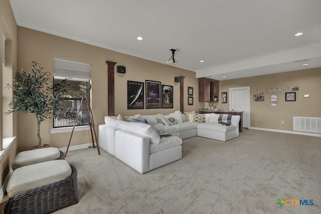 1746 Stagecoach Dr, Canyon Lake, TX 78133 - living room with light carpet, recessed lighting, and ornamental molding