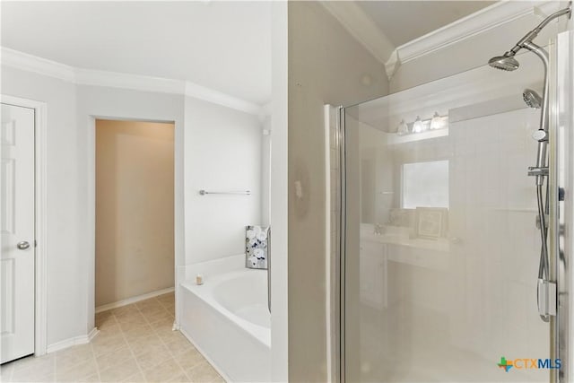 1711 Kelly Ct, New Braunfels, TX 78130 - bathroom with ornamental molding, a shower stall, and a garden tub