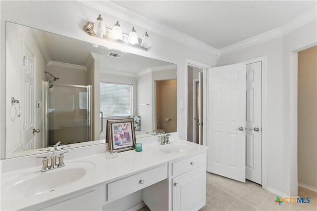 1711 Kelly Ct, New Braunfels, TX 78130 - bathroom featuring ornamental molding, double vanity, and a shower stall
