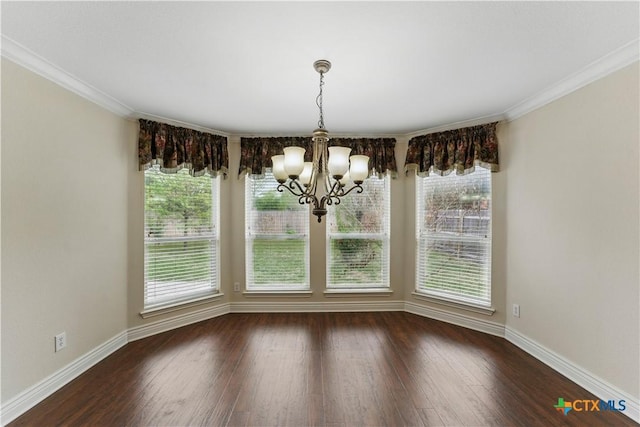 1711 Kelly Ct, New Braunfels, TX 78130 - unfurnished dining area with a chandelier, dark wood finished floors, and ornamental molding