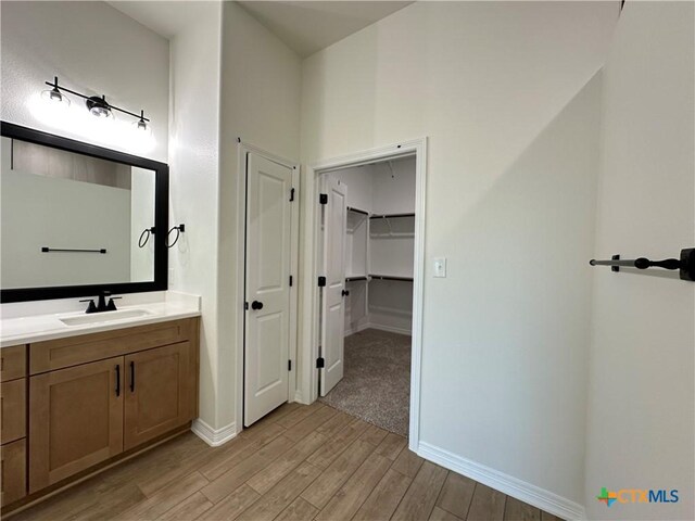 505 Magnolia Dr, Troy, TX 76571 - bathroom featuring wood finished floors, vanity, baseboards, and a walk in closet