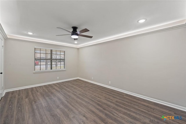 spare room featuring a raised ceiling, dark wood-type flooring, and ceiling fan