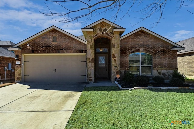 view of front of house featuring a garage, brick siding, stone siding, driveway, and a front yard