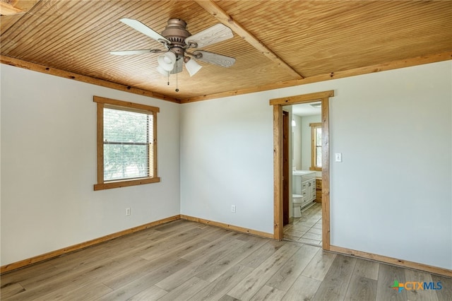 unfurnished room with wood ceiling, light hardwood / wood-style flooring, and ceiling fan