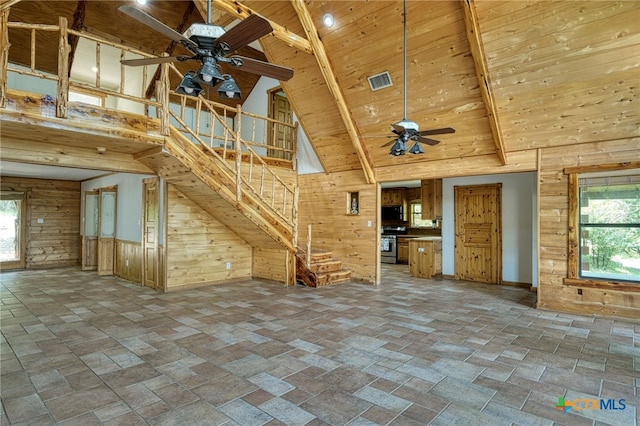 unfurnished living room with ceiling fan, high vaulted ceiling, wooden ceiling, and wooden walls