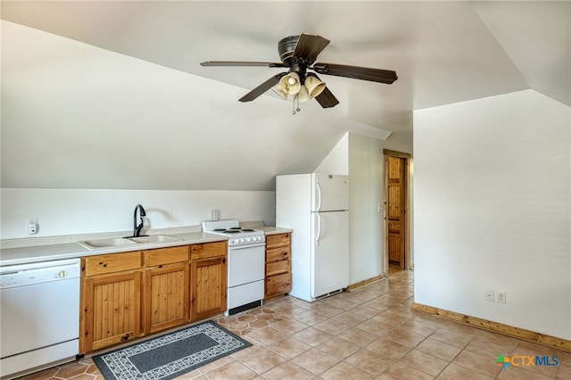 kitchen with lofted ceiling, sink, light tile patterned floors, ceiling fan, and white appliances