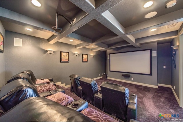 carpeted cinema room featuring coffered ceiling, baseboards, beamed ceiling, and recessed lighting