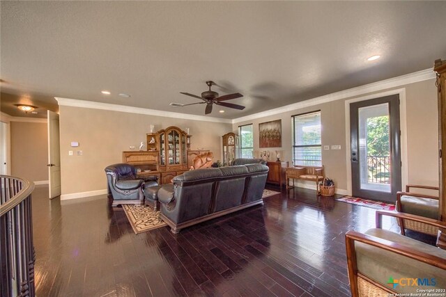 living area featuring crown molding, recessed lighting, baseboards, a ceiling fan, and wood finished floors