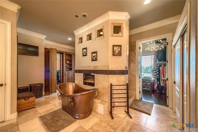 bar with tile walls, recessed lighting, a tiled fireplace, and crown molding