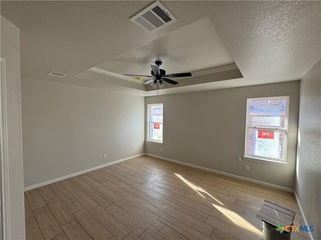 2516 Cowgirl Trl, Belton, TX 76513 - unfurnished room with a tray ceiling, plenty of natural light, wood tiled floors, and a textured ceiling