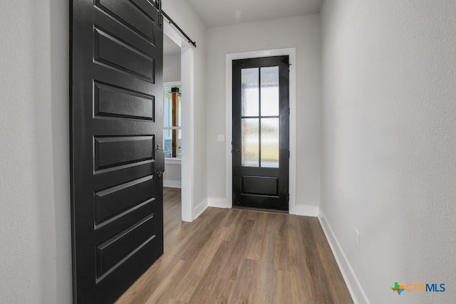 doorway to outside with a barn door and hardwood / wood-style flooring