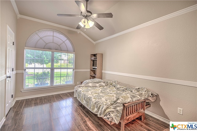 bedroom featuring ornamental molding, dark hardwood / wood-style flooring, lofted ceiling, and ceiling fan