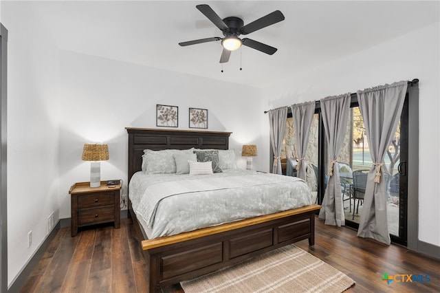 bedroom with ceiling fan, visible vents, baseboards, and dark wood-type flooring