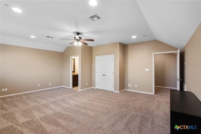 106 Sandstone Ct, Victoria, TX 77904 - unfurnished bedroom with lofted ceiling, carpet, baseboards, recessed lighting, and ceiling fan