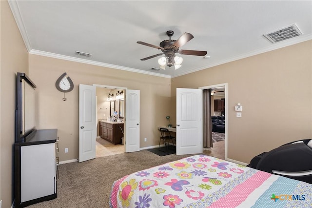106 Sandstone Ct, Victoria, TX 77904 - bedroom featuring ornamental molding, light colored carpet, baseboards, ceiling fan, and connected bathroom
