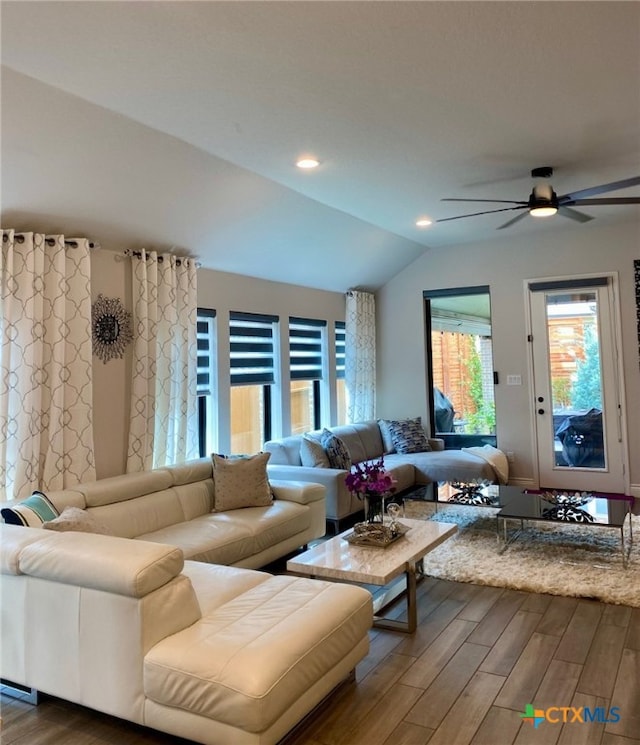 429 Juana Way, New Braunfels, TX 78132 - living area with vaulted ceiling, wood finished floors, a ceiling fan, and recessed lighting