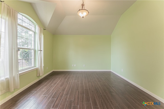 unfurnished room with a wealth of natural light, dark hardwood / wood-style floors, and lofted ceiling