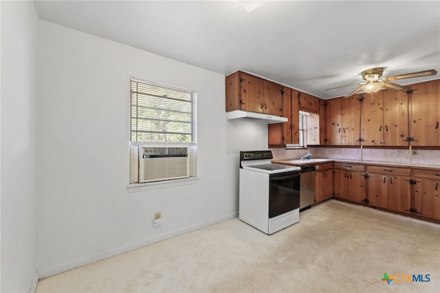 kitchen with backsplash, ceiling fan, sink, electric stove, and dishwasher