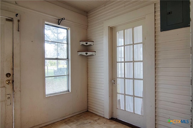 entryway with a wealth of natural light, electric panel, and light floors