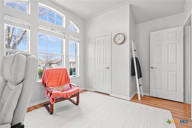 living area featuring baseboards and wood finished floors