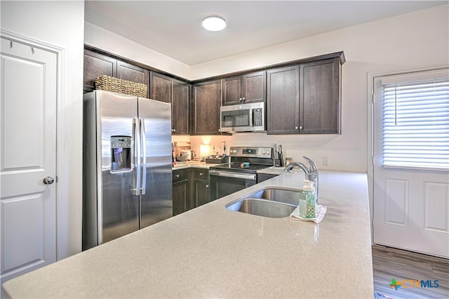 kitchen with stainless steel appliances, dark brown cabinets, a sink, and wood finished floors