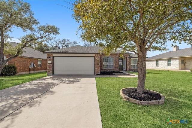 ranch-style house with a garage, driveway, brick siding, and a front yard