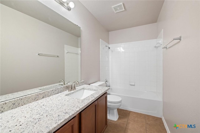 bathroom featuring toilet, vanity, visible vents, tub / shower combination, and tile patterned floors