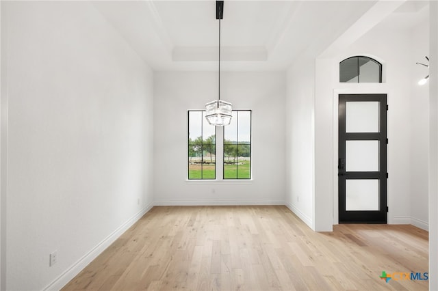 1123 Vintage Way, New Braunfels, TX 78132 - foyer entrance with light wood-type flooring, a tray ceiling, and a chandelier