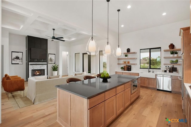 1123 Vintage Way, New Braunfels, TX 78132 - kitchen featuring open shelves, appliances with stainless steel finishes, coffered ceiling, ceiling fan, and light wood-style floors