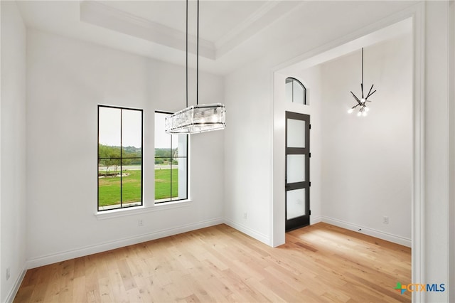1123 Vintage Way, New Braunfels, TX 78132 - unfurnished dining area with light wood-style floors, a tray ceiling, and ornamental molding