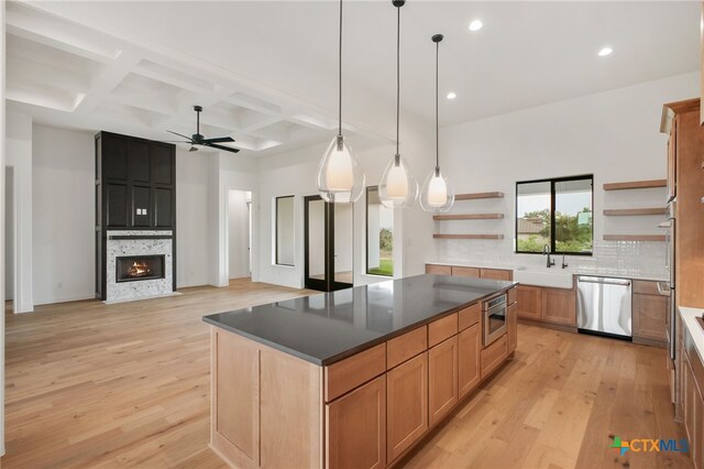 1123 Vintage Way, New Braunfels, TX 78132 - kitchen featuring open shelves, appliances with stainless steel finishes, coffered ceiling, a ceiling fan, and decorative backsplash